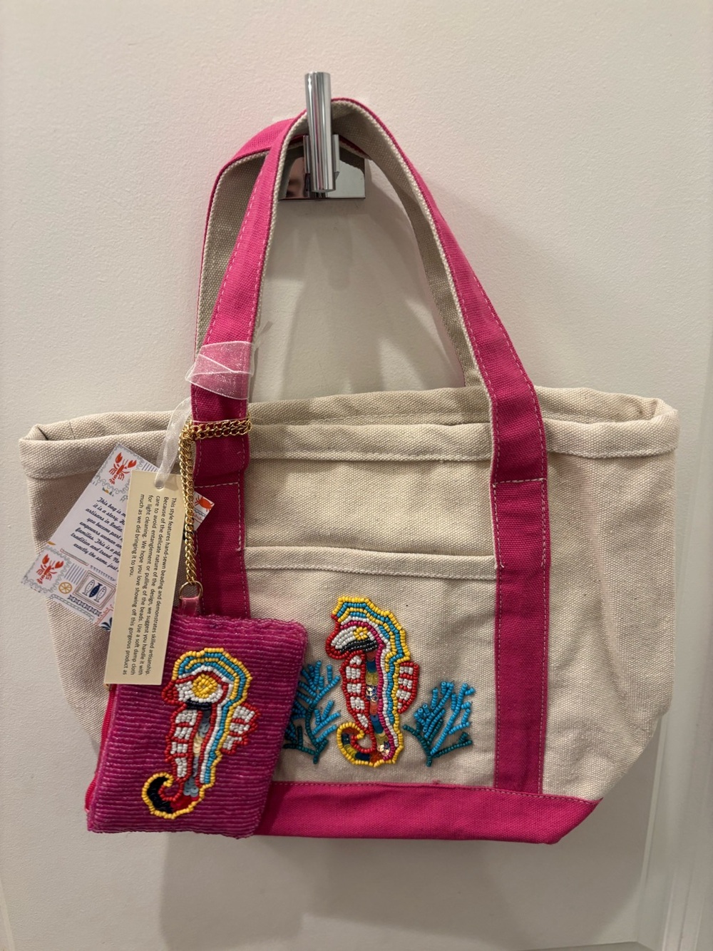 NWT Made in India Canvas Tote Bag with Pink Trim and Beaded Seahorse Accent